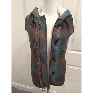 Roxy Womens Plaid Hooded Puffer Vest Sherpa Lined Toggle Buttons - M